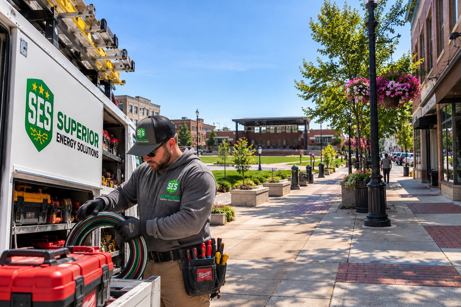 SES electrician coiling wire beside an SES service van on a downtown Valparaiso, Indiana sidewalk, with a park plaza and outdoor stage behind him