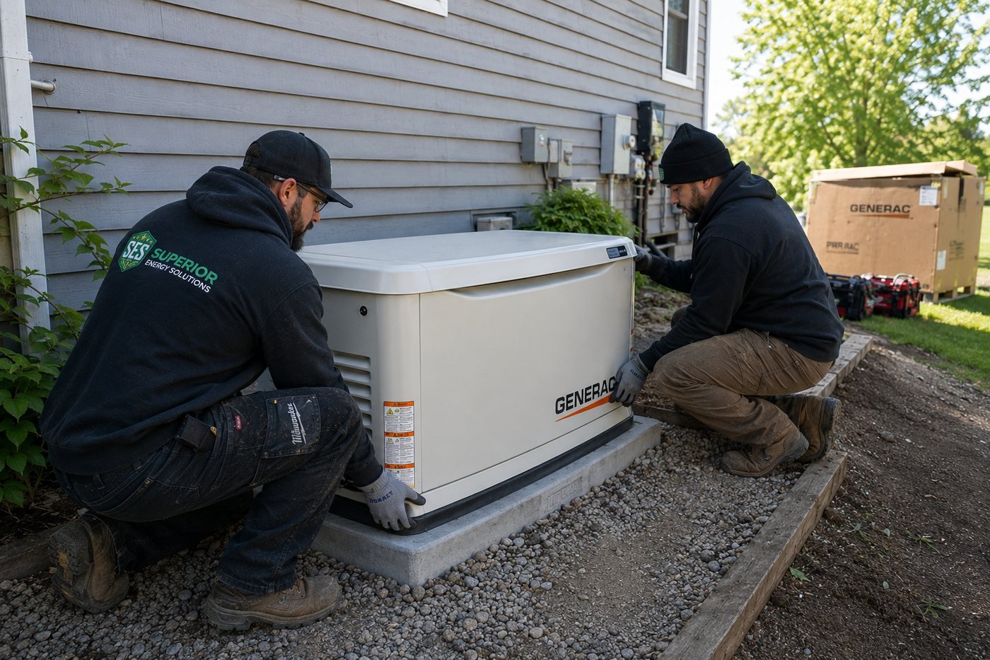 Superior Energy Solutions technicians installing a Generac whole-home standby generator