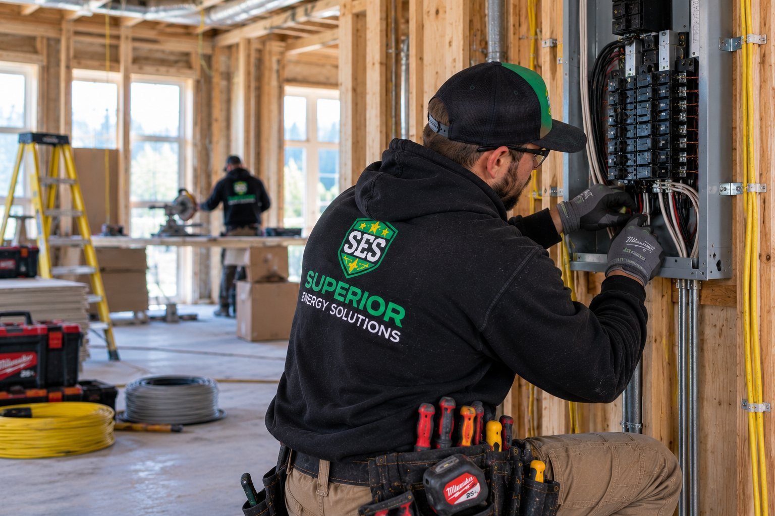SES electrician wiring a breaker panel in a new home under construction while another electrician works in the background