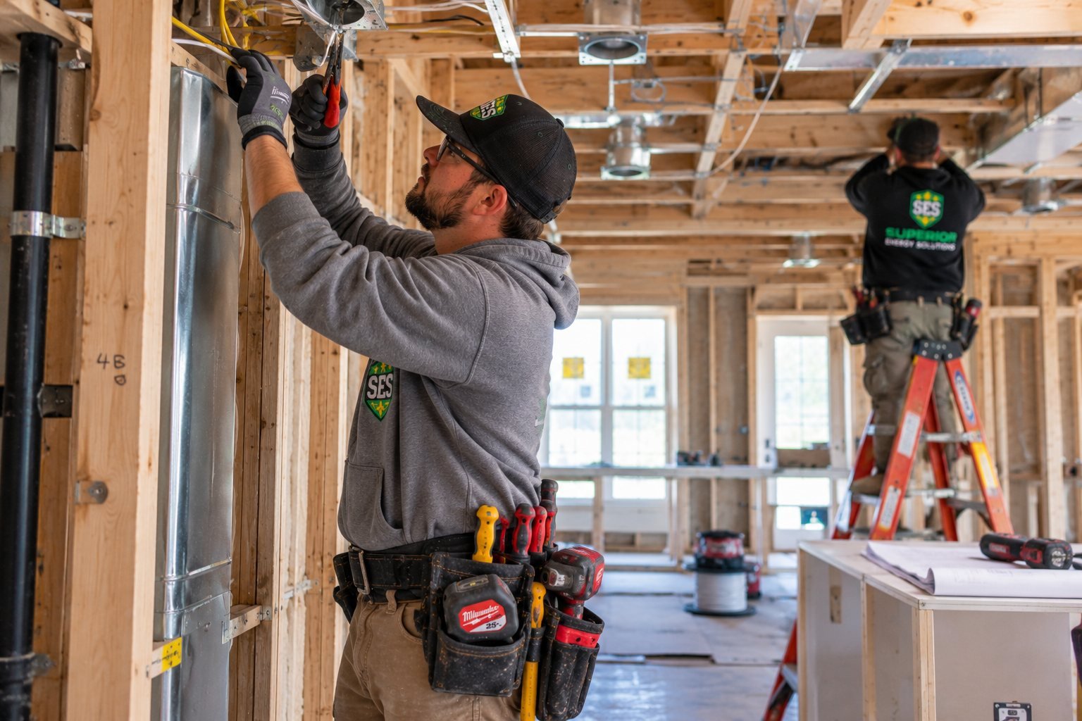 SES electrician wiring inside the exposed framing of a new home under construction