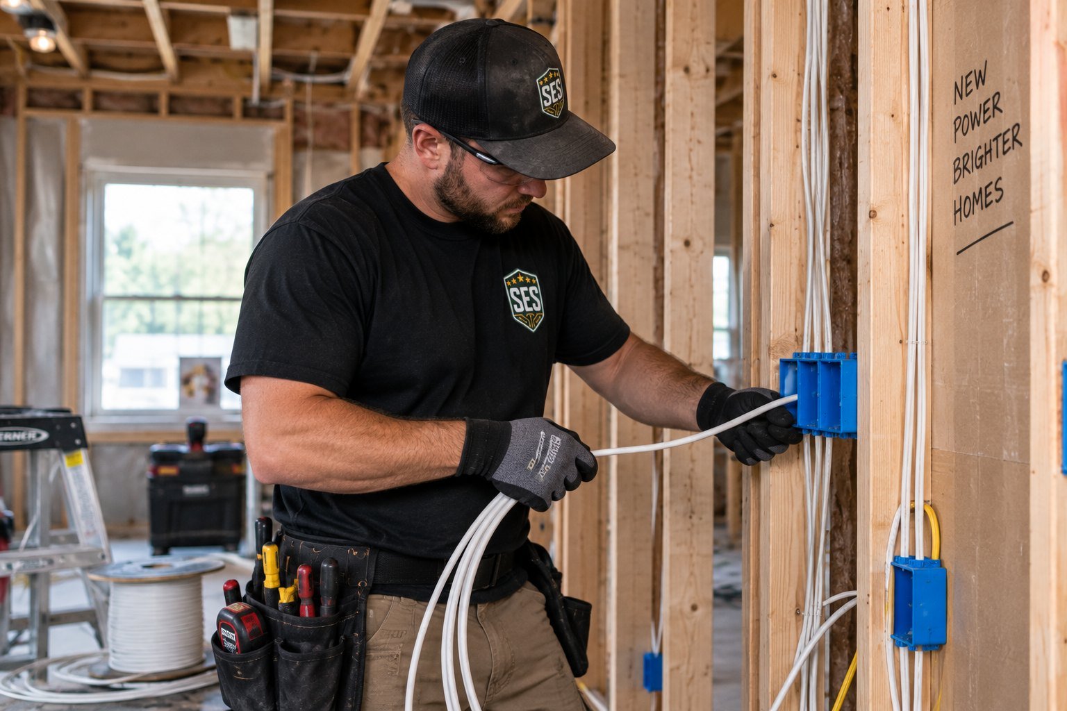 SES electrician wiring new outlet boxes during a home rewire
