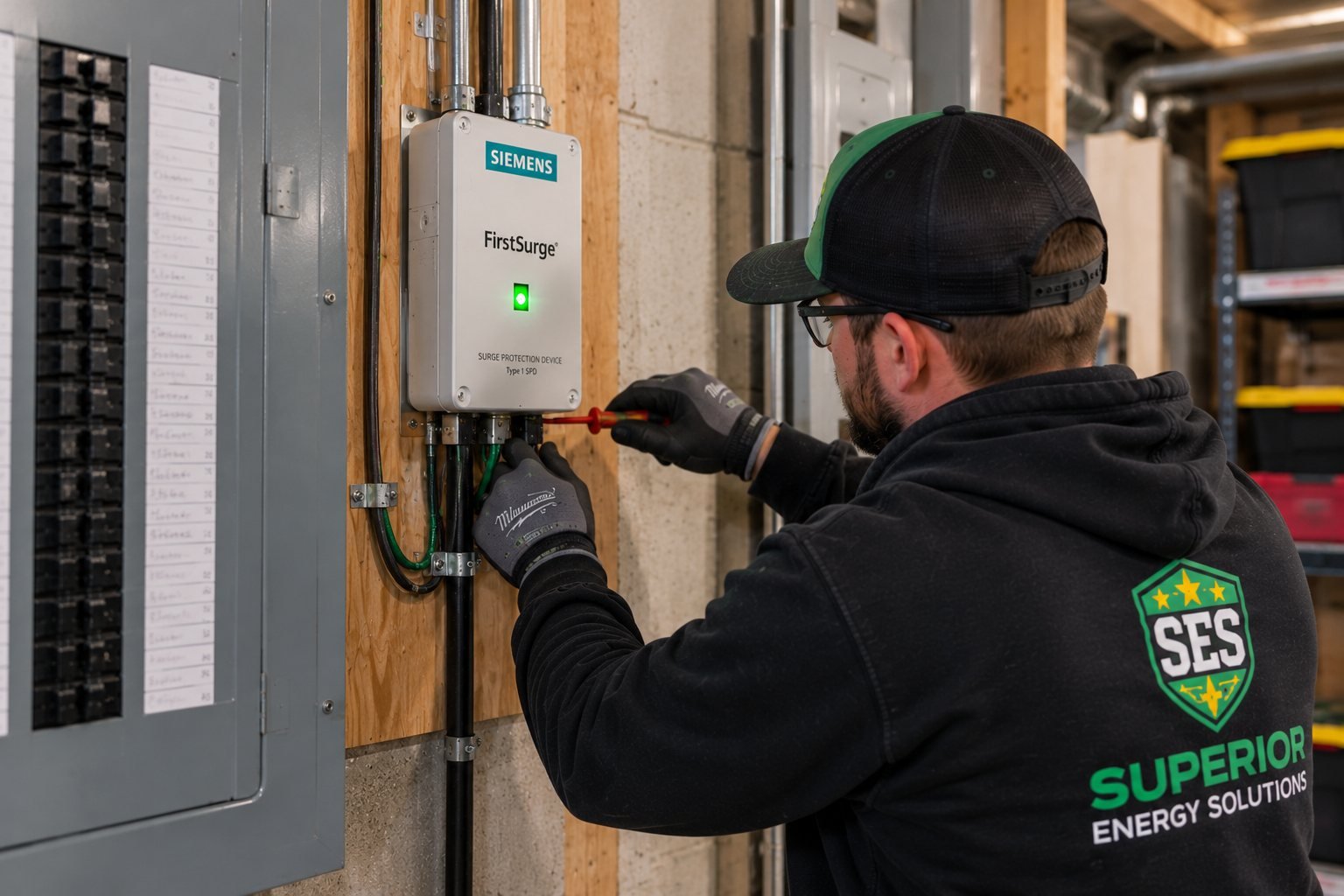 SES electrician connecting a Siemens FirstSurge surge protection device mounted next to a main breaker panel in a basement