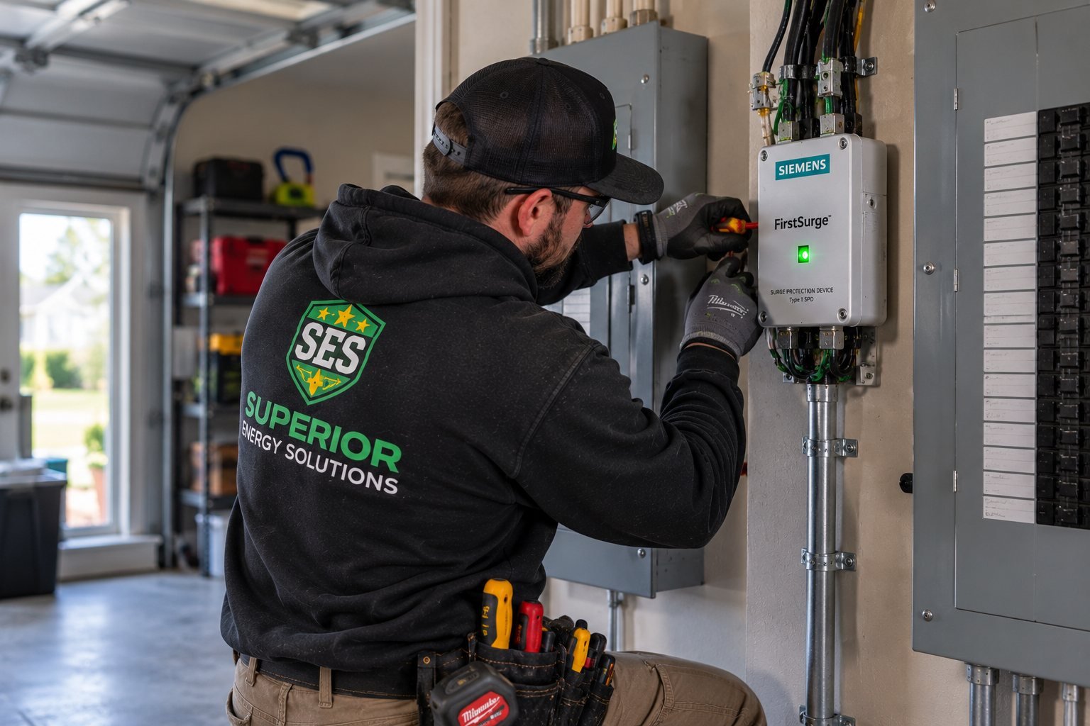 SES electrician installing a Siemens FirstSurge Type 1 surge protection device beside an electrical panel in a home garage