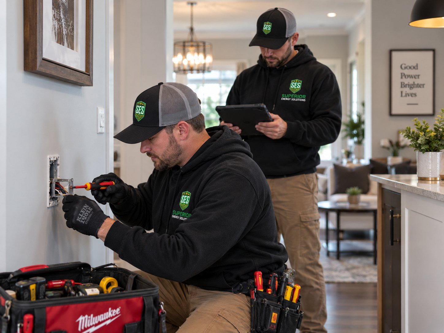 Superior Energy Solutions electricians troubleshooting a wall switch and reviewing findings on a tablet